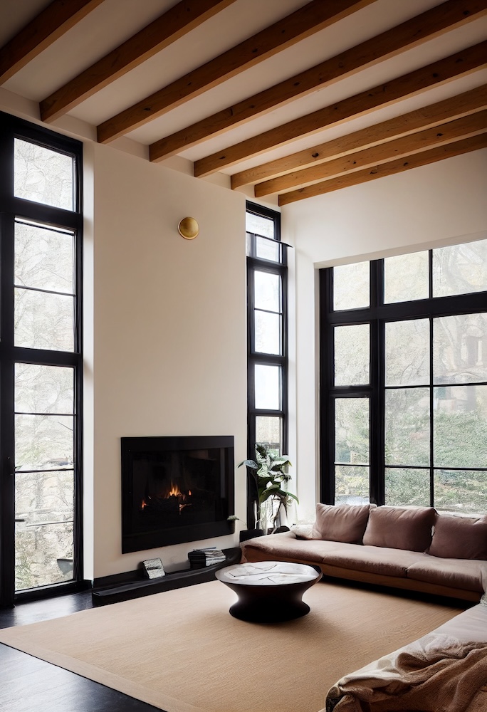 otwarty salon z sofami przed kominkiem 