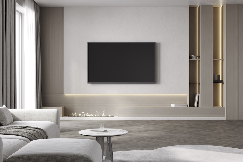 nowoczesna ściana z telewizorem i kominkiem w salonie 