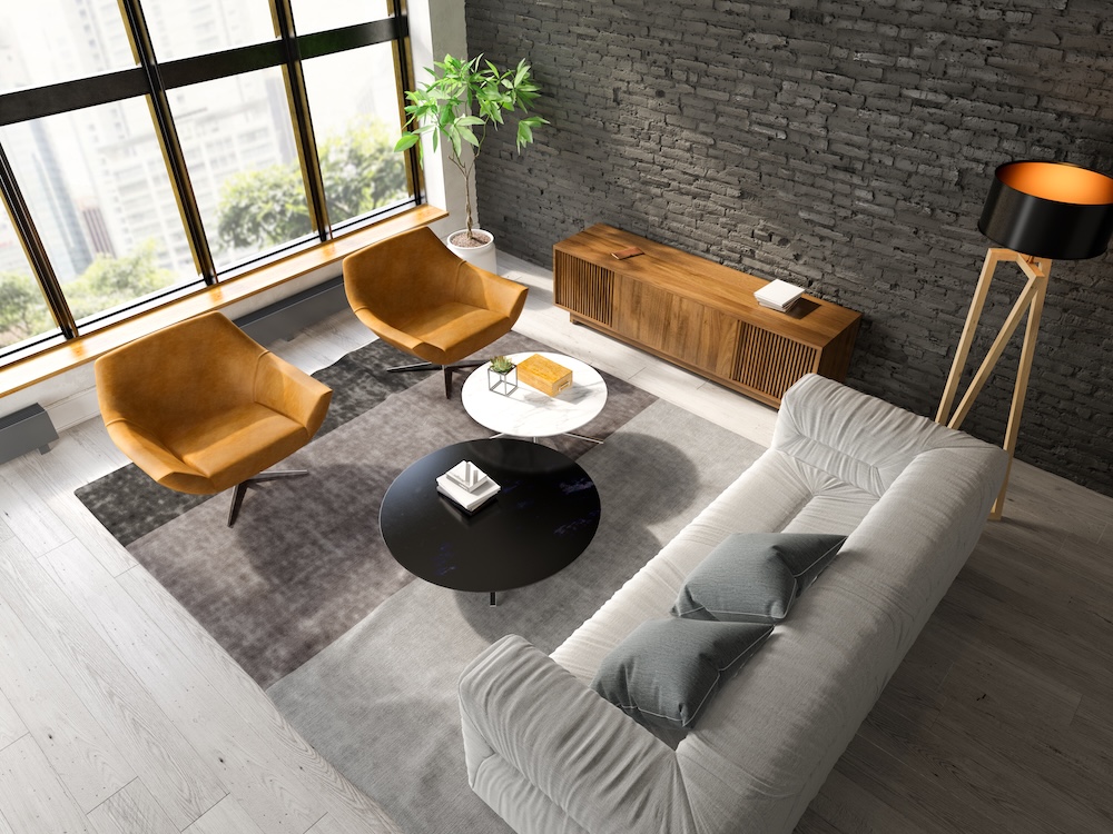 salon z szarą sofą i pomarańczowymi fotelami salon z sofą i fotelami wokół stolika