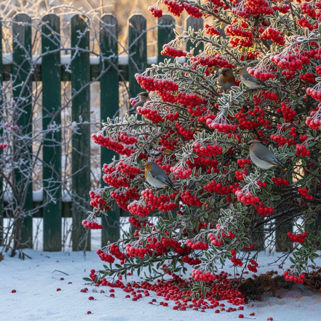 Rabaty kwiatowe przy ogrodzeniu - krzewy z owocami dla ptaków