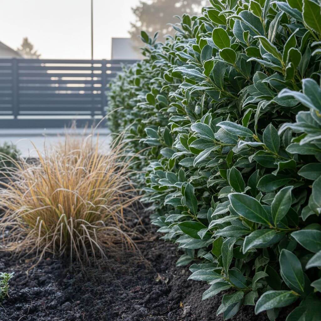 Rabaty kwiatowe przy ogrodzeniu z laurowiśnią