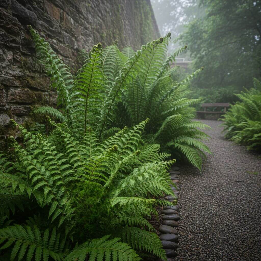 Paprocie w aranżacji ogrodu przy ogrodzeniu