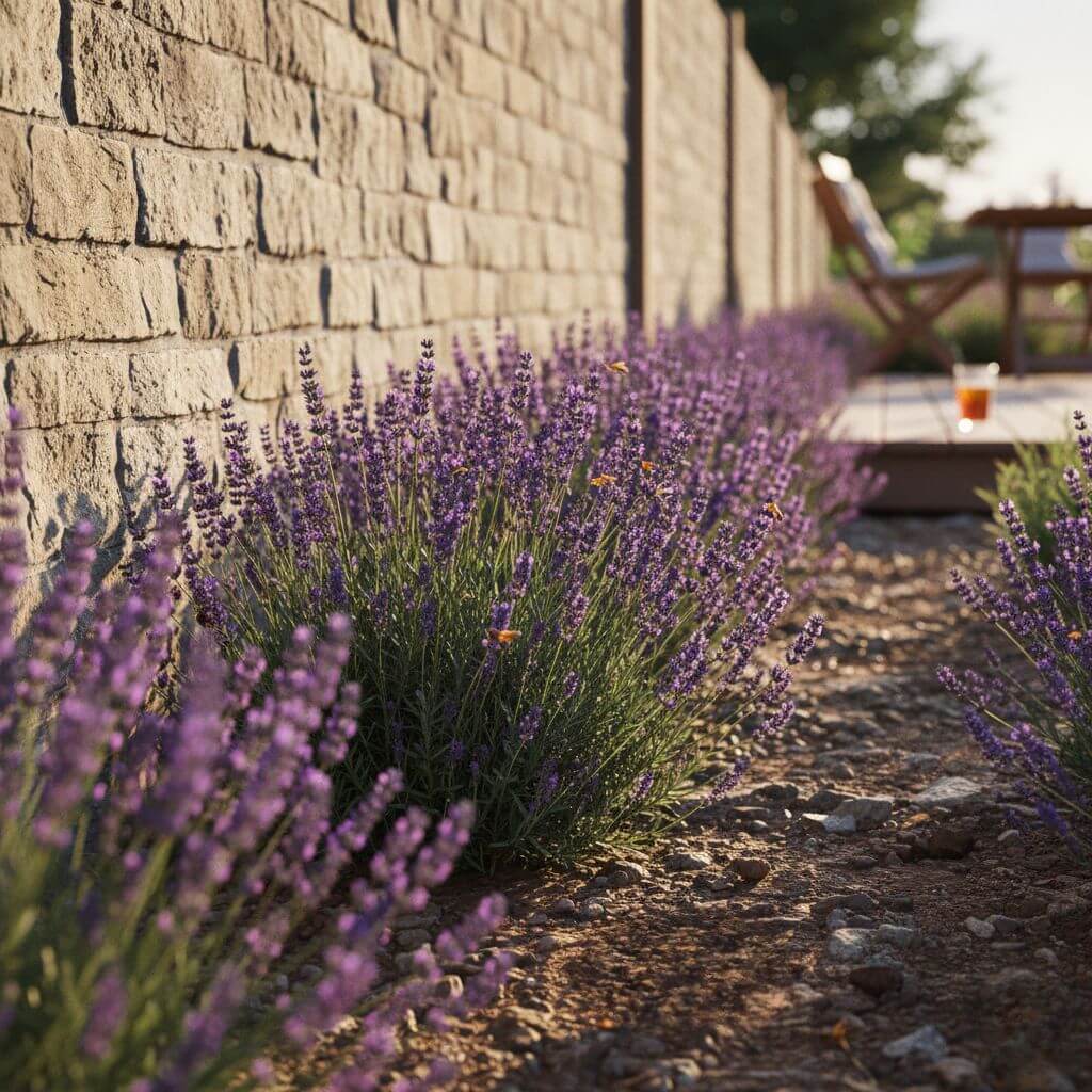 Rabaty kwiatowe przy ogrodzeniu nasłonecznionym - lawenda