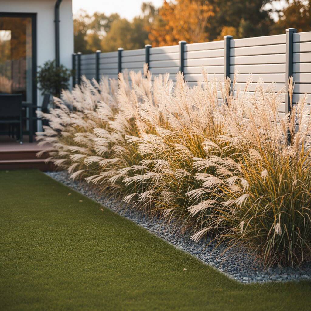 Rabaty kwiatowe przy ogrodzeniu - miskant chiński