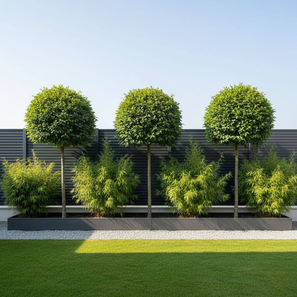 Szpalery kuliste na tle ogrodzenia panelowego