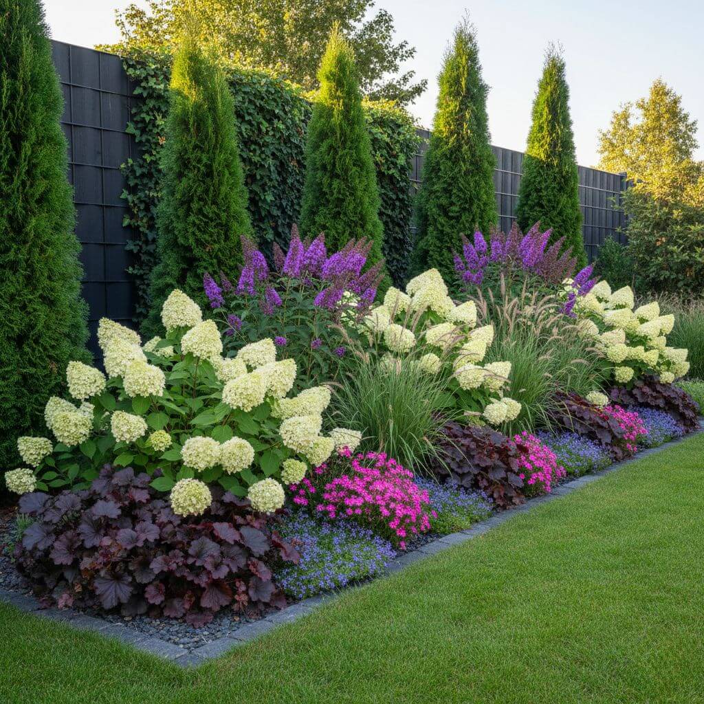 Rabaty kwiatowe przy ogrodzeniu w układzie piętrowym 