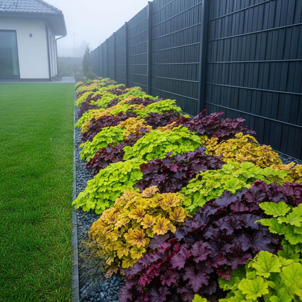 Rabaty kwiatowe przy ogrodzeniu - wielokolorowe żurawki