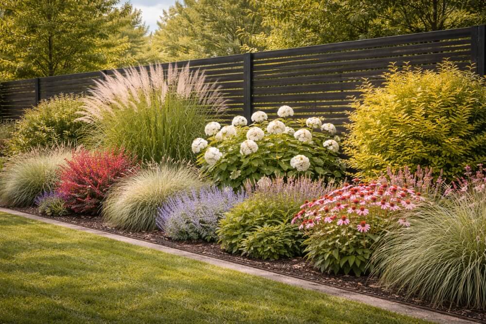 aranżacja ogrodu przy ogrodzeniu panelowym