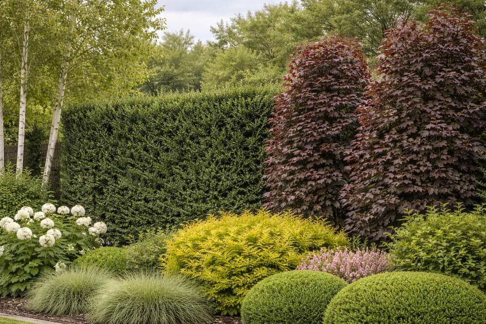 aranżacja ogrodu przy płocie z wykorzystaniem drzew