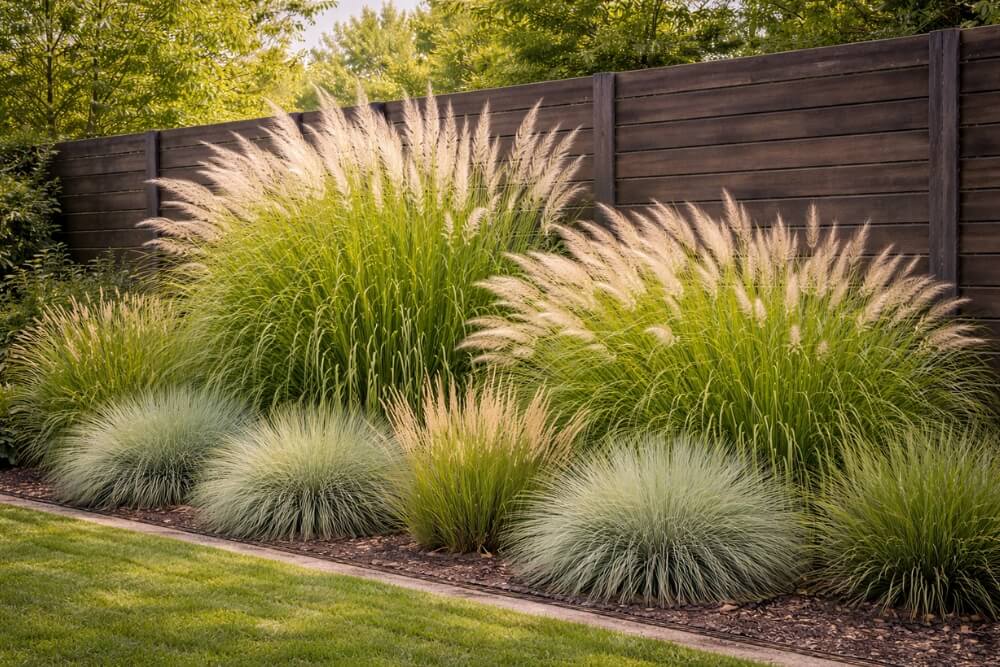 aranżacja ogrodu przy płocie z wykorzystaniem traw