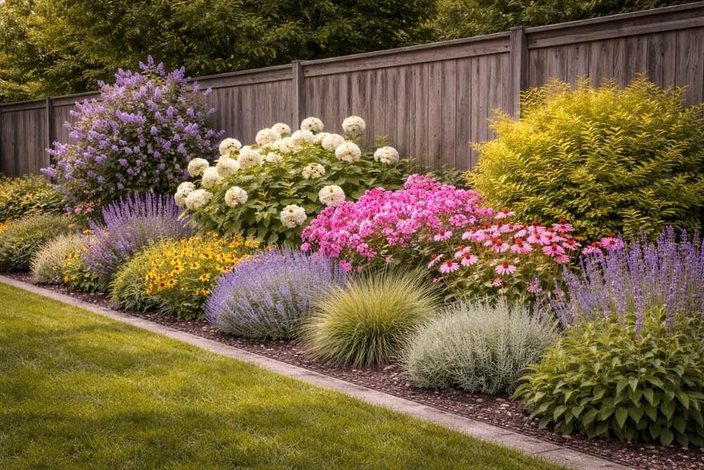 klasyczna rabata z krzewami i bylinami przy płocie