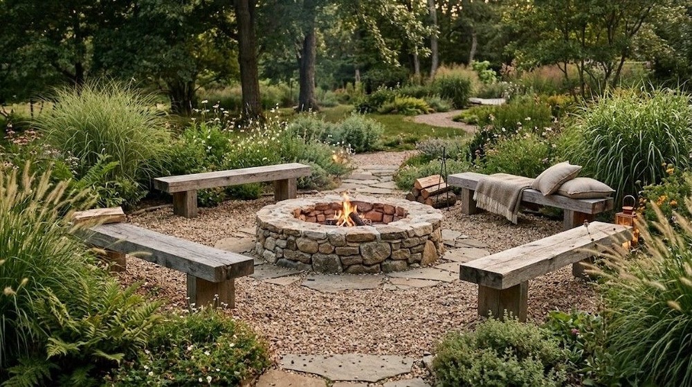 miejsce na ognisko w ogrodzie w naturalny stylu 