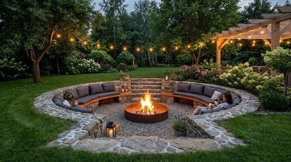 ognisko w zagłębieniu ogrodu 