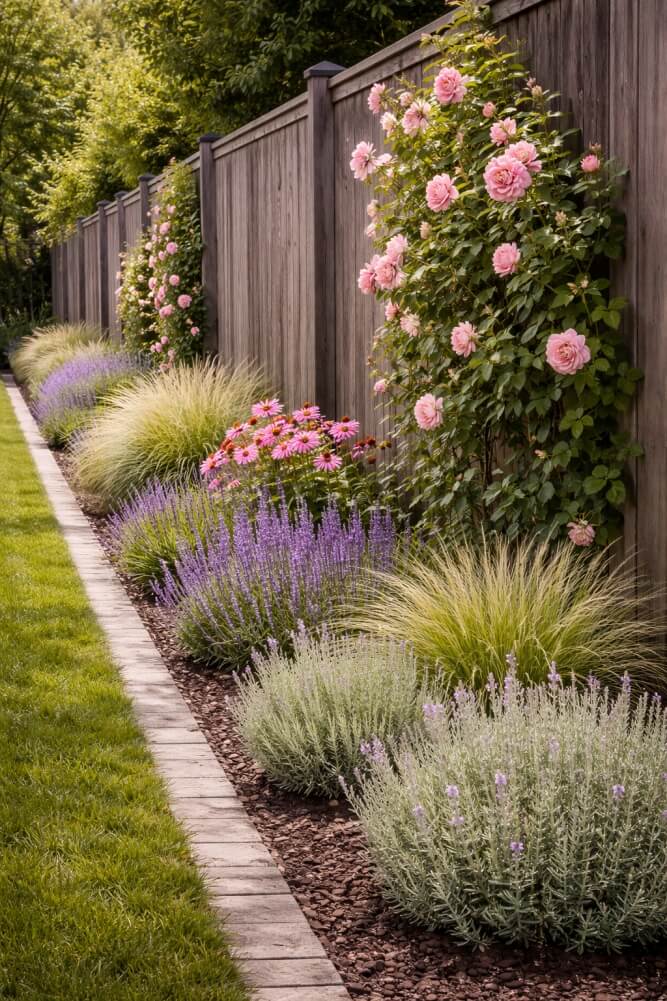 wąska aranżacja ogrodu przy płocie