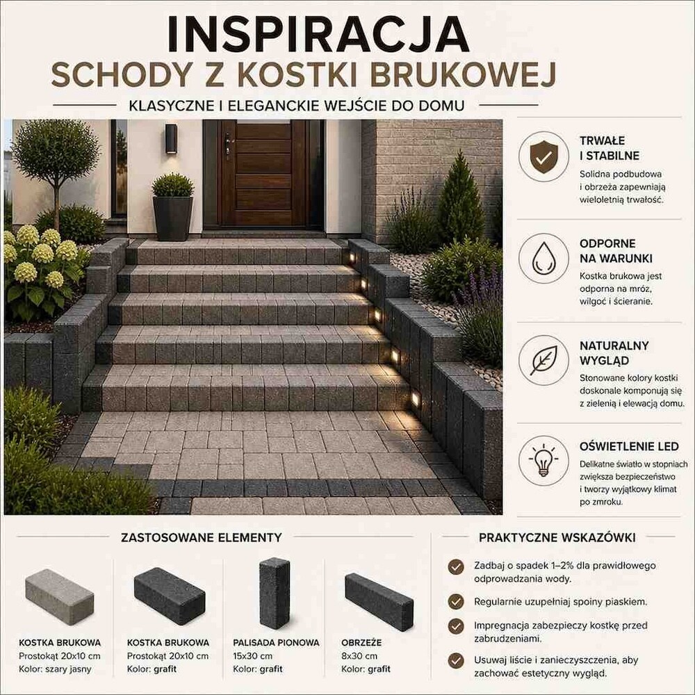 schody z kostki z LED-ami schody przed dom z kostki