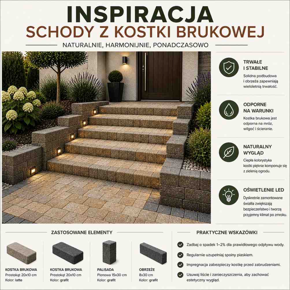 schody z jasnego bruku przed domem schody przed domem z jasnej kostki