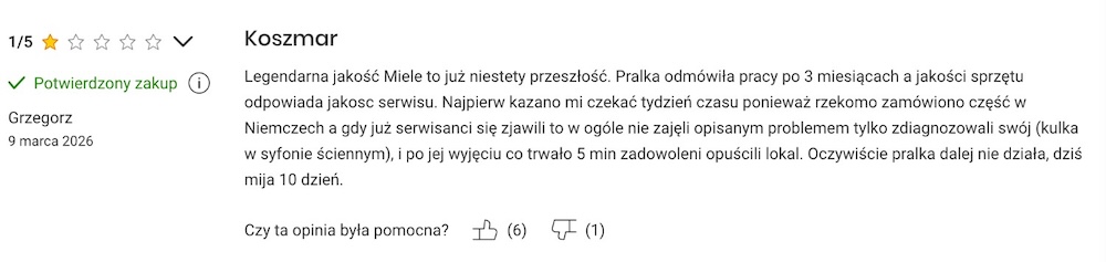 negatywny komentarz o pralce miele 